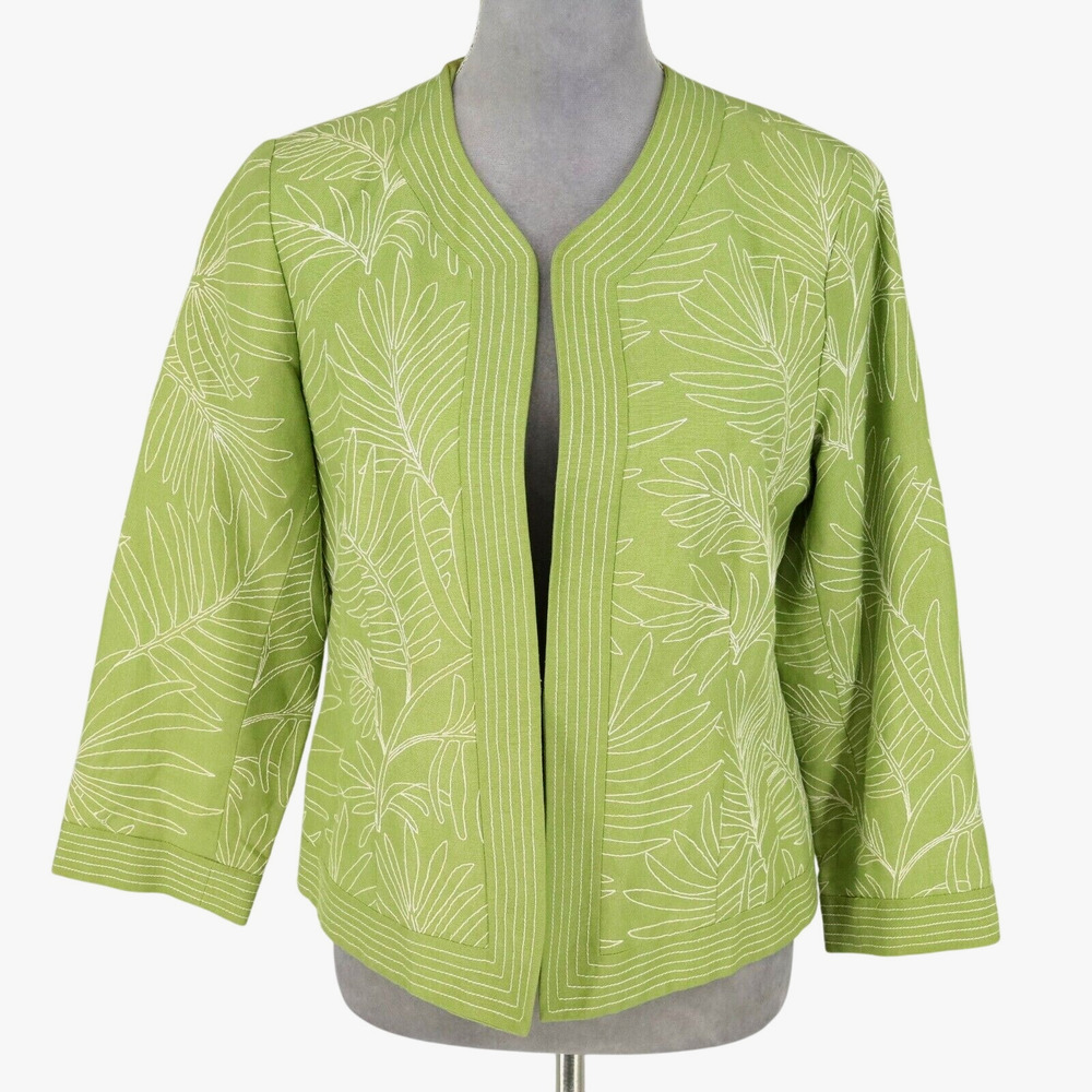 Rafael Jacket Womens 6 Green Linen Blend Embroidered Floral Hook Eye Collarless